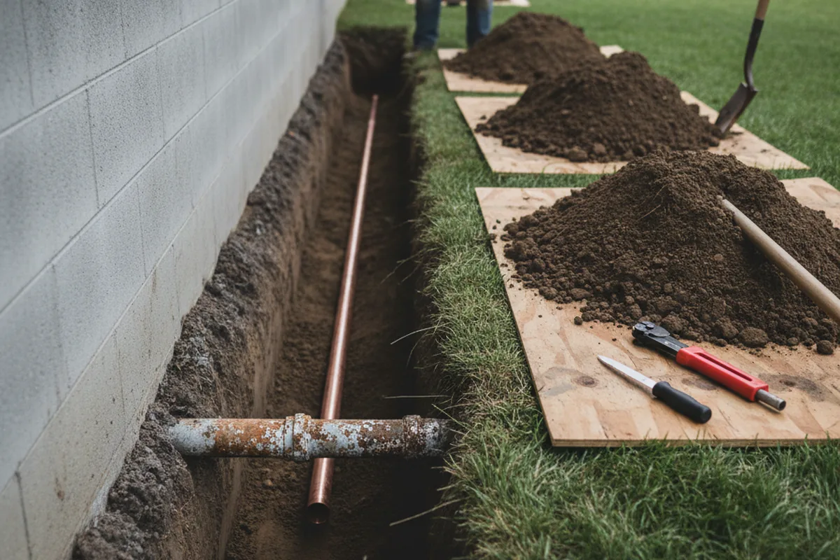 Excavated water line trench during Water Heater Repair in Davis